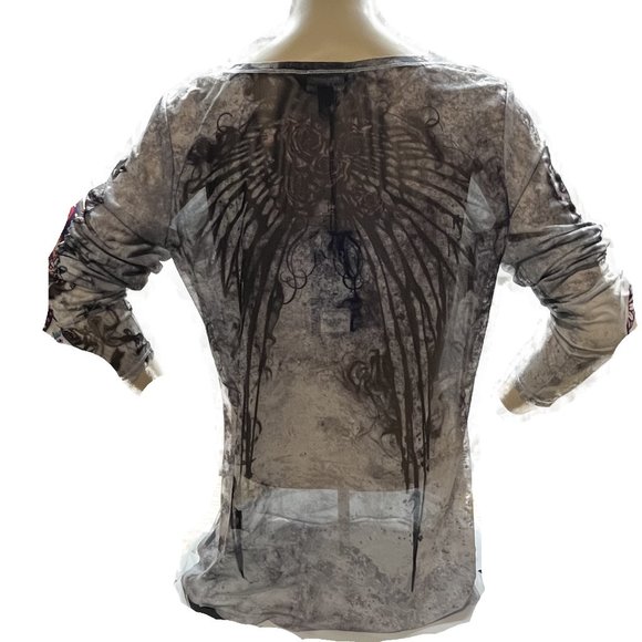 ROCK & REPUBLIC GRAPHIC SHEER LONG SLEEVE SHIRT NWT SIZE L - Picture 3 of 5